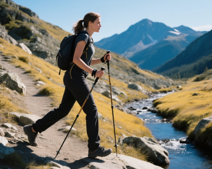 Hiker using Black Diamond trekking poles on rocky trail