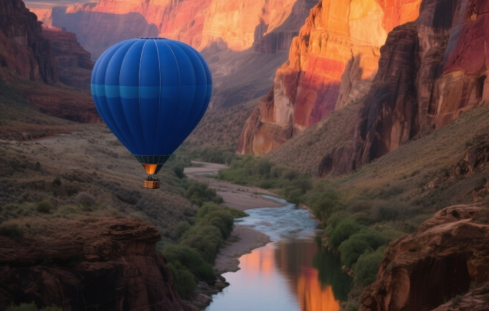 Hot air balloon floating over colorful landscape at dawn