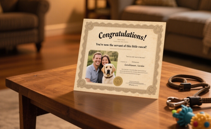 Humorous pet adoption certificate for animal-loving couples