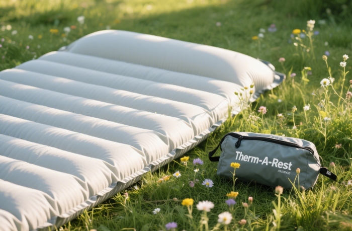 Inflated Therm-a-Rest sleeping pad next to a compact stuff sack