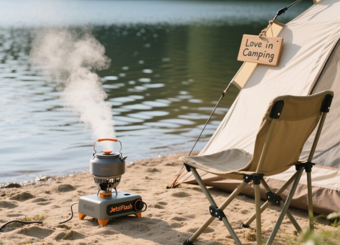 Jetboil Flash system boiling water in a campsite setting