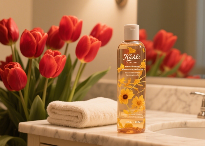 Kiehl’s Calendula Toner for oily and acne-prone skin, with natural flower extracts, on a clean beauty shelf
