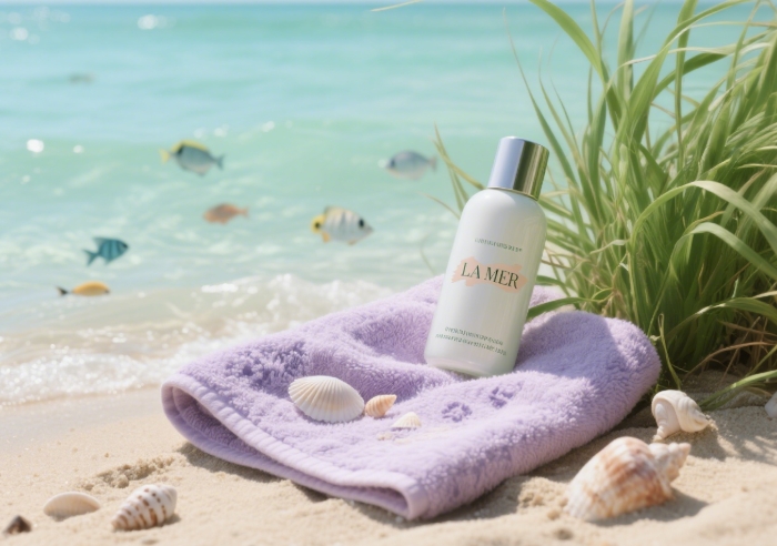 La Mer Renewal Oil for anti-aging, luxury summer skincare with beach-themed styling