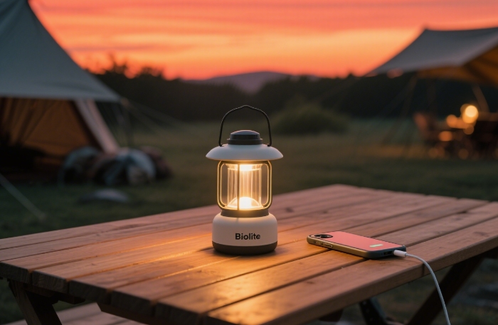 Lantern glowing on picnic table at dusk, charging a phone