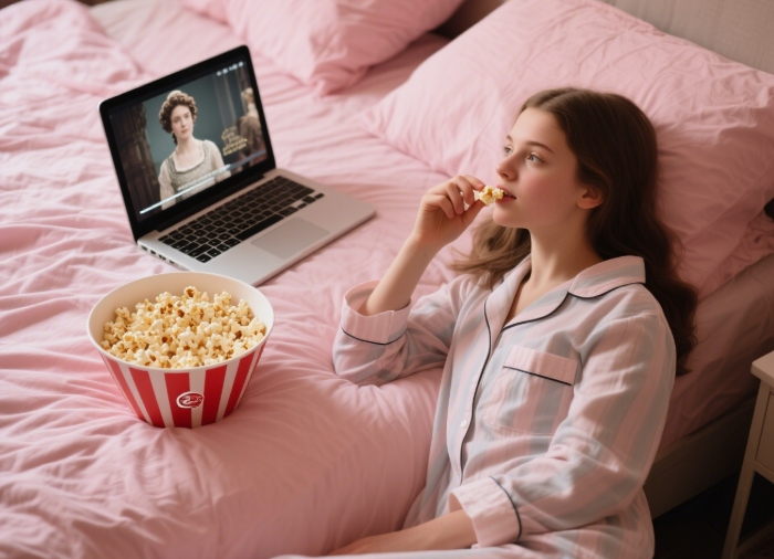Laptop playing Pride and Prejudice with popcorn bowl
