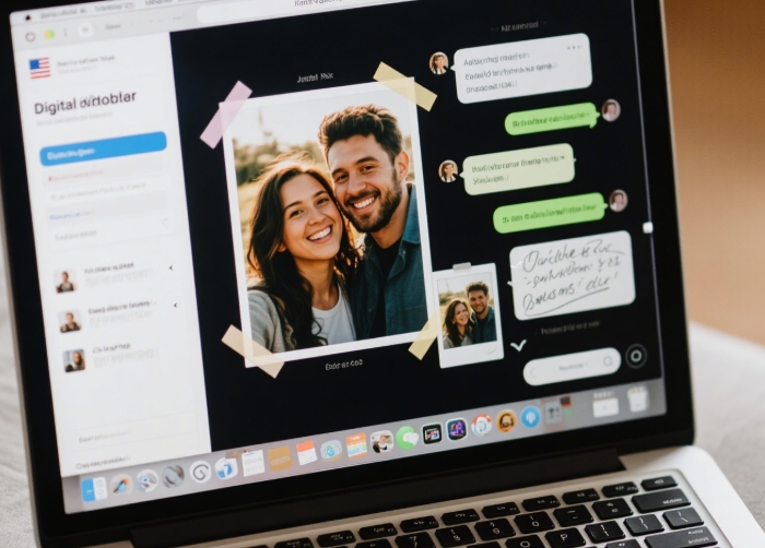 Laptop screen showing a digital scrapbook page with couple photos and memories