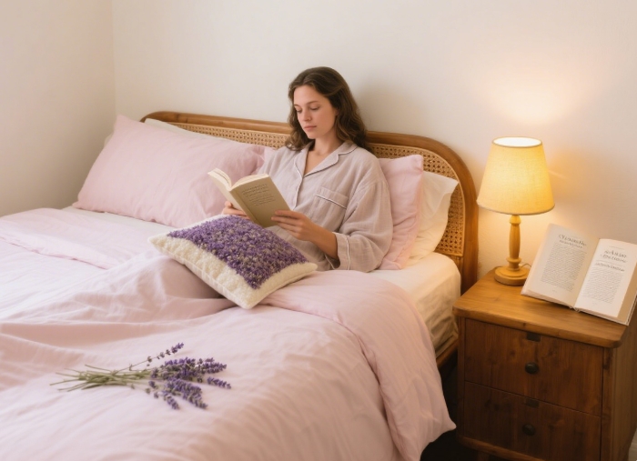 Lavender rice heating pad on bed with dried lavender