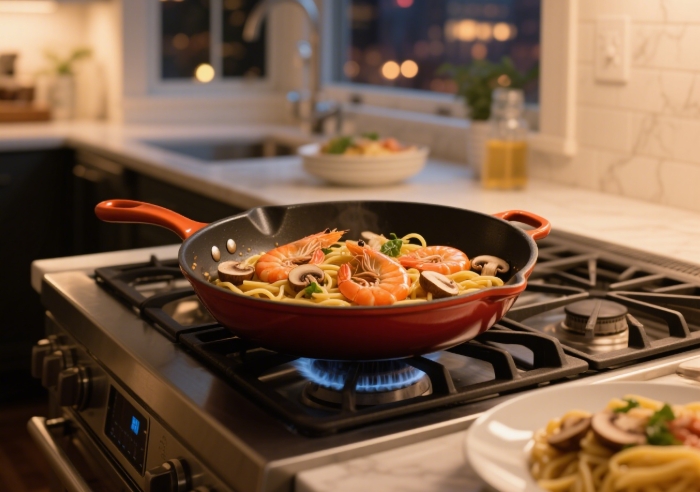 Le Creuset skillet with cooking essentials for homemade dinners