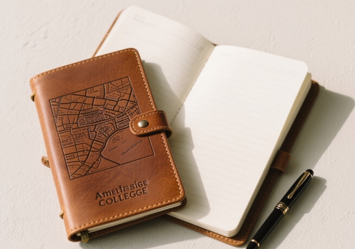 Leather travel journal with college town map cover and blank pages inside.