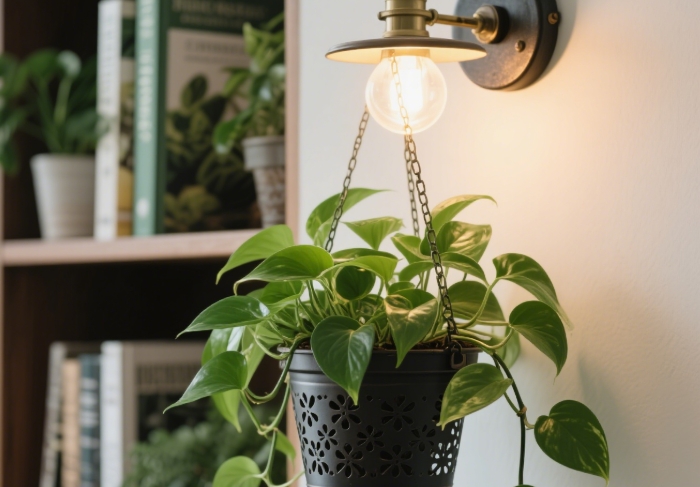 Lush indoor plant in stylish self-watering pot or under modern grow light