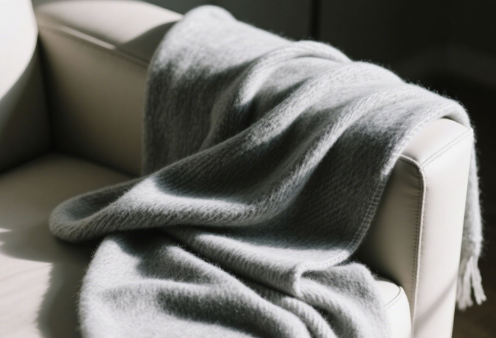 Luxurious soft neutral cashmere blend throw blanket elegantly draped on a clean-lined sofa