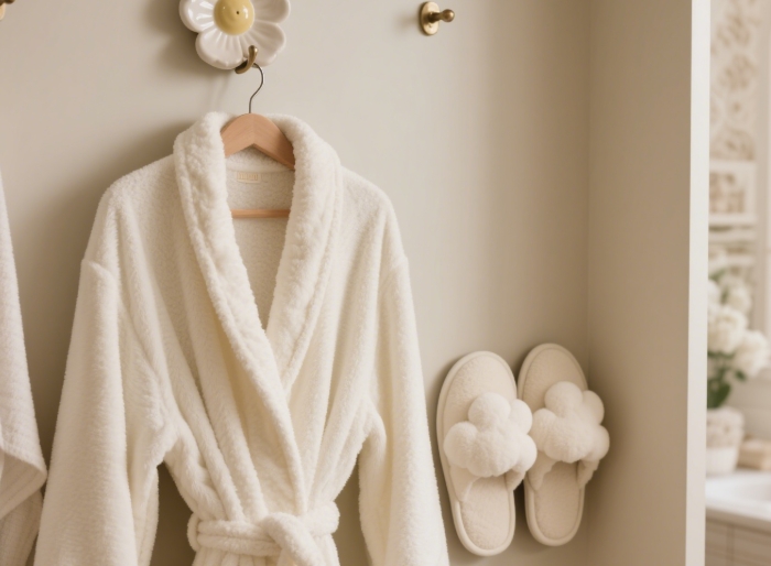 Luxurious thick cotton bathrobe and slippers hanging on hook