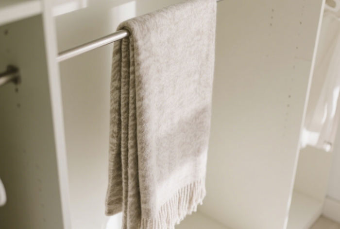 Luxuriously soft cashmere blend throw blanket in a calming color, draped neatly, offering physical comfort after an argument