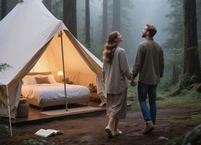 Luxury redwoods glamping tent with private forest bathing experience - romantic nature retreat gift