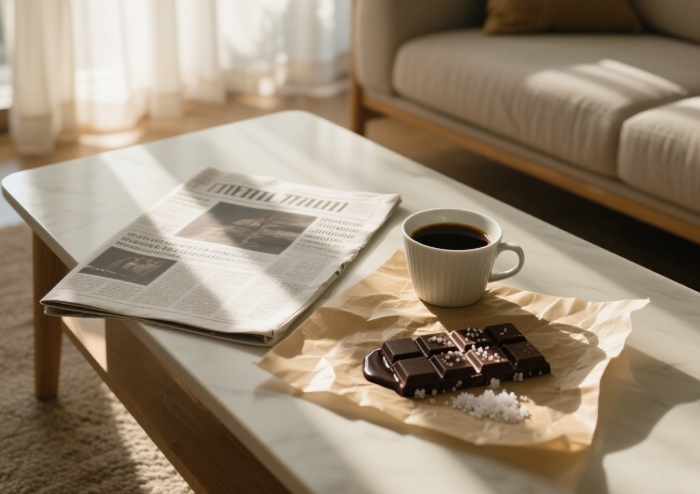 Melting dark chocolate bar with sea salt on parchment paper