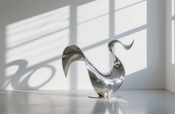 Metal kinetic wave sculpture creating dynamic shadows on white studio wall, afternoon light