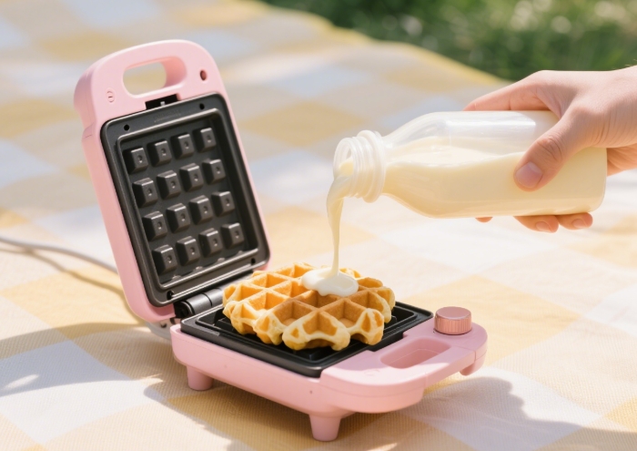 Mini waffle maker with golden waffle, drizzle mid-pour