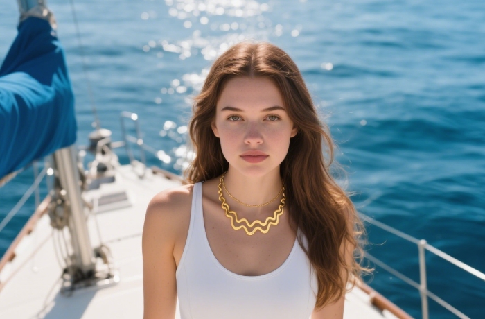 Minimalist gold wave necklace worn by diver, subtle ocean-inspired everyday jewelry gift