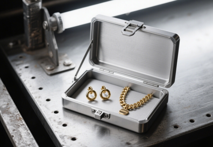 Minimalist jewelry organizer with gold earrings and layered necklaces