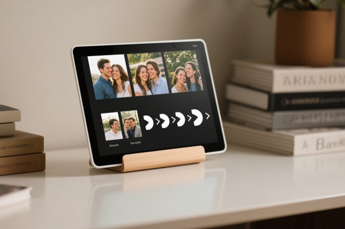 Modern digital photo frame cycling through couple's memories