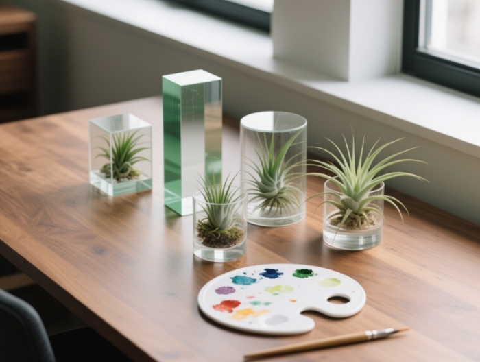Modern geometric terrarium with air plants on designer desk next to watercolor palette, natural daylight