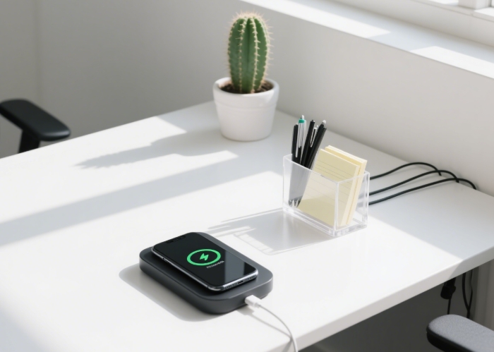 Modern office accessories for women with wireless charging station.
