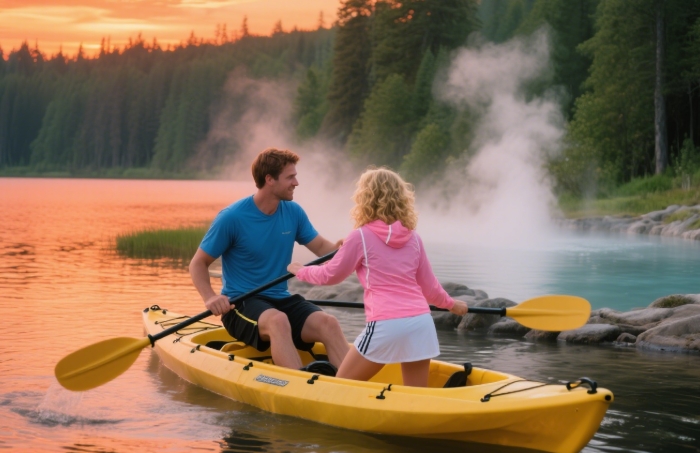 Moonlight kayak to hot springs - magical summer wellness experience