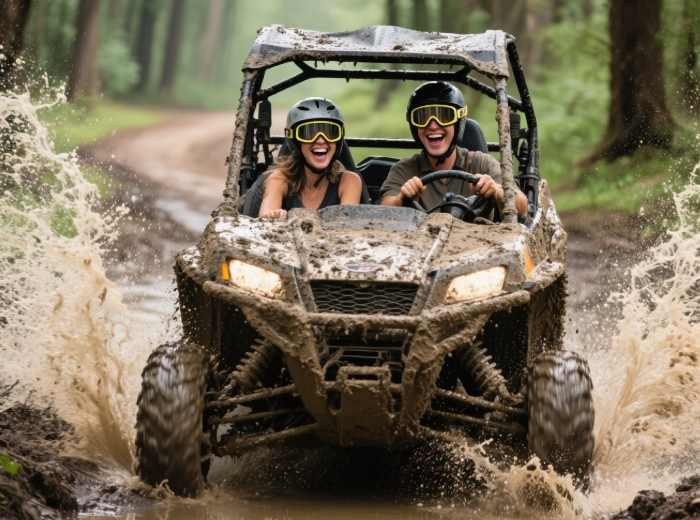 Mud-covered UTV splashing through puddle on off-road trail - exciting anniversary adventure gift