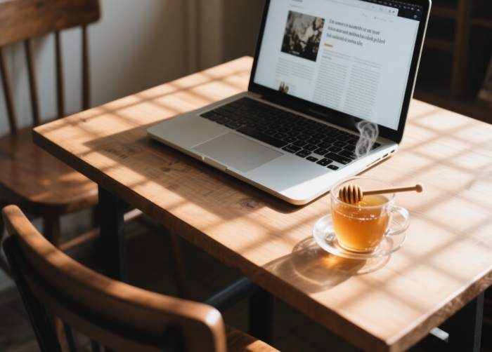 Mug of steaming ginger tea with honey drizzle on wooden table