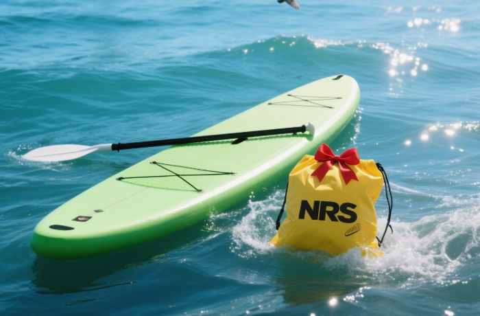NRS dry bag floating next to a stand-up paddleboard