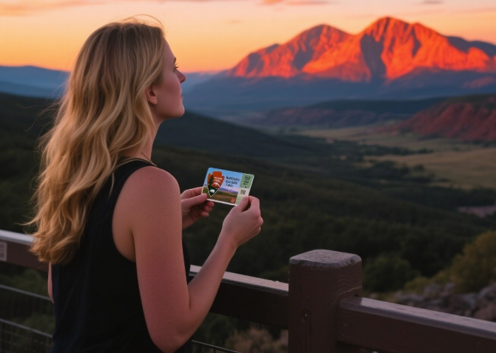 National Parks Pass held up with mountains in background