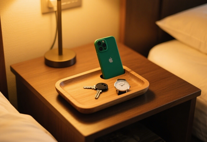 Natural wood minimalist phone docking station with slot and dish for keys on nightstand