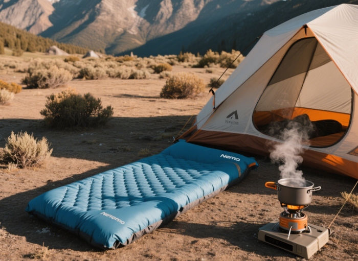 Nemo Tensor sleeping pad set up at alpine campsite at dusk