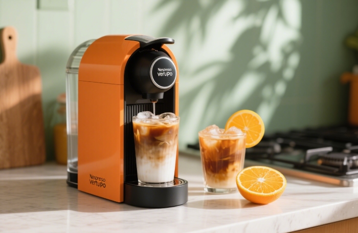 Nespresso Vertuo Pop in orange making iced coffee, fun luxury kitchen gift for her