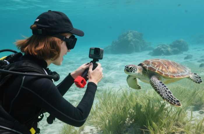 New diver using GoPro with float grip to film sea turtle, capturing first scuba memories