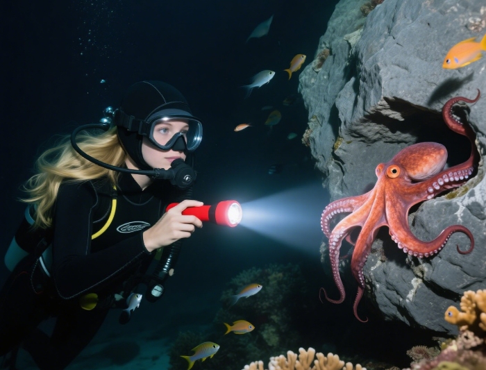 Night diver using powerful handheld torch to spot octopus on coral reef