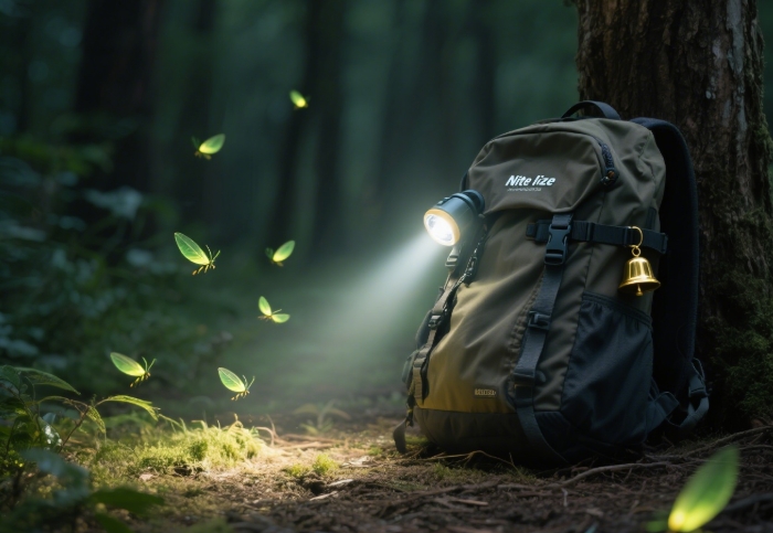 Nite Ize headlamp lighting up a dark forest trail at night