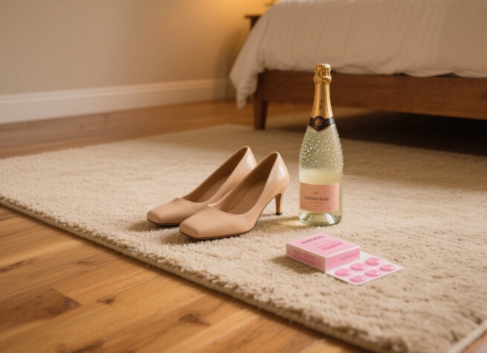 Nude block heels beside blister bandaids & champagne