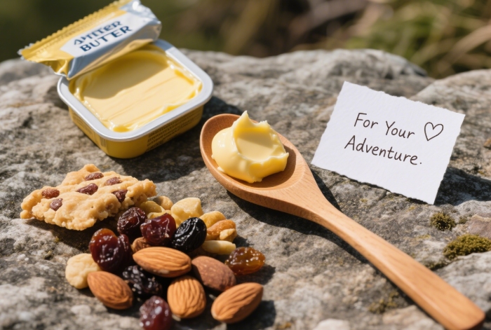 Open Trail Butter packet squeezed onto a spoon near hiking snacks