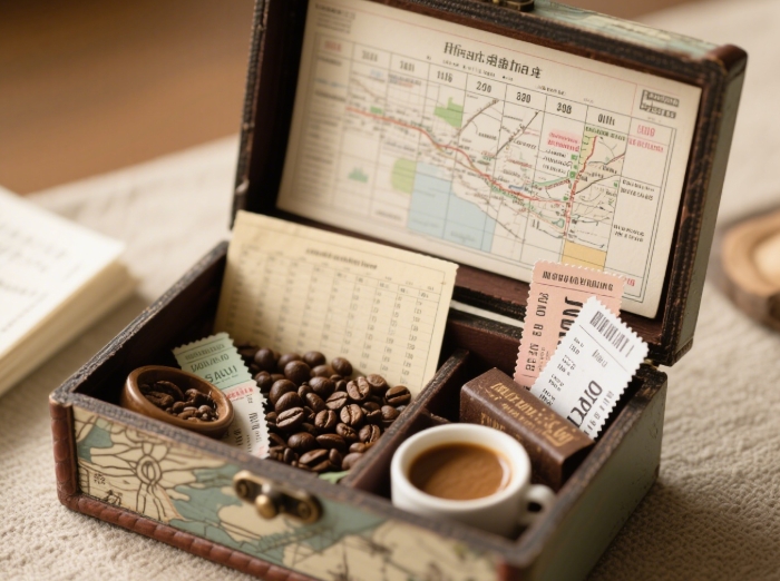 Open box with sentimental clue items for a surprise memory lane date