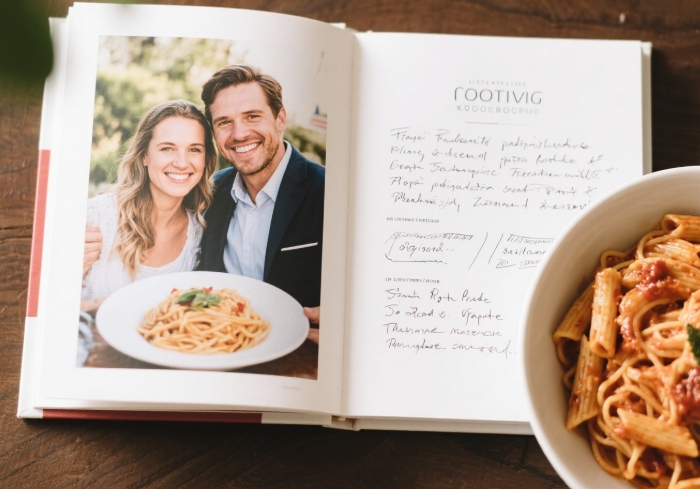 Open custom couple's cookbook with personal recipes and photos