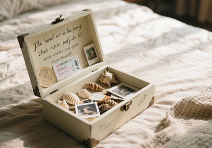 Open decorative memory box holding curated sentimental tokens (ticket stub, shell, photo), symbolizing shared history