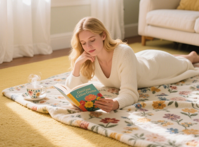 Open funny book beside tea cup on blanket