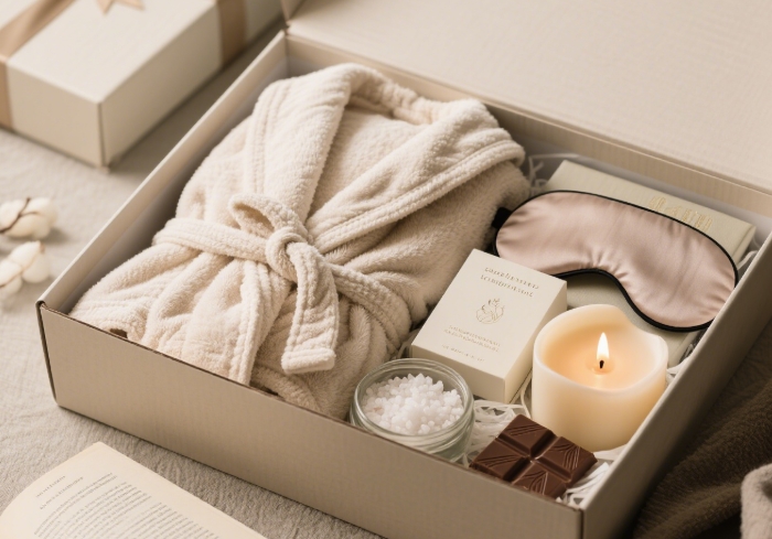 Open gift box filled with luxurious self-care items for a relaxing night in