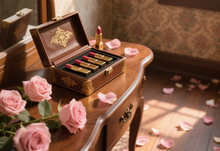 Open luxury lipstick set with rose gold packaging and rose petals scattered artistically