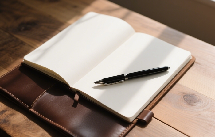 Open minimalist thin leather journal with blank pages and pen on wooden table