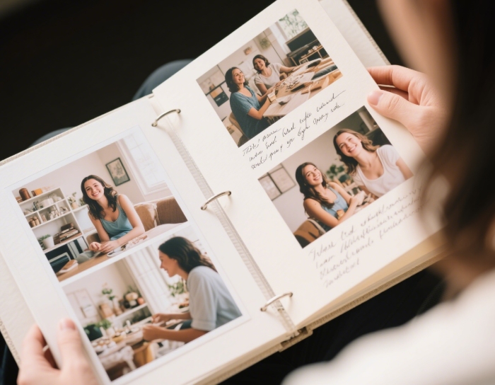 Open photo album showing candid everyday moments of a woman, with handwritten notes