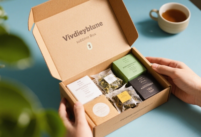 Opened subscription box for [Specific Passion - e.g., artisan tea, bath soaks] showing first month's curated items