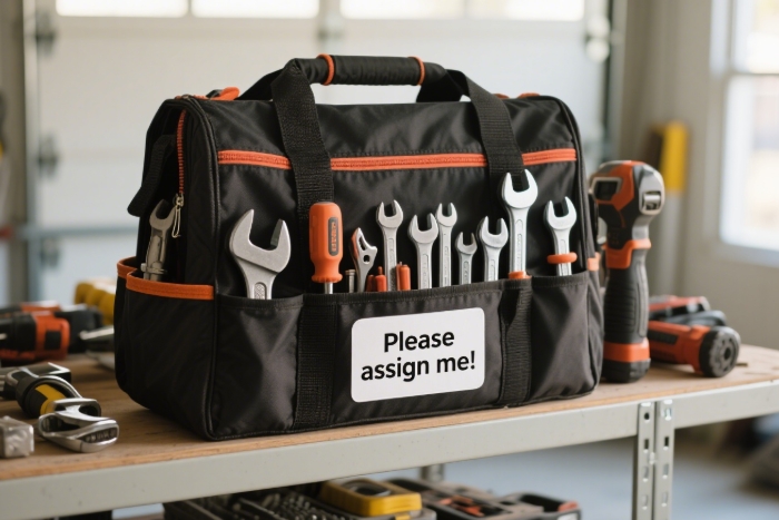 Organized set of quality practical tools (plumbing or car kit) with a Schedule Me! tag, combining apology with utility