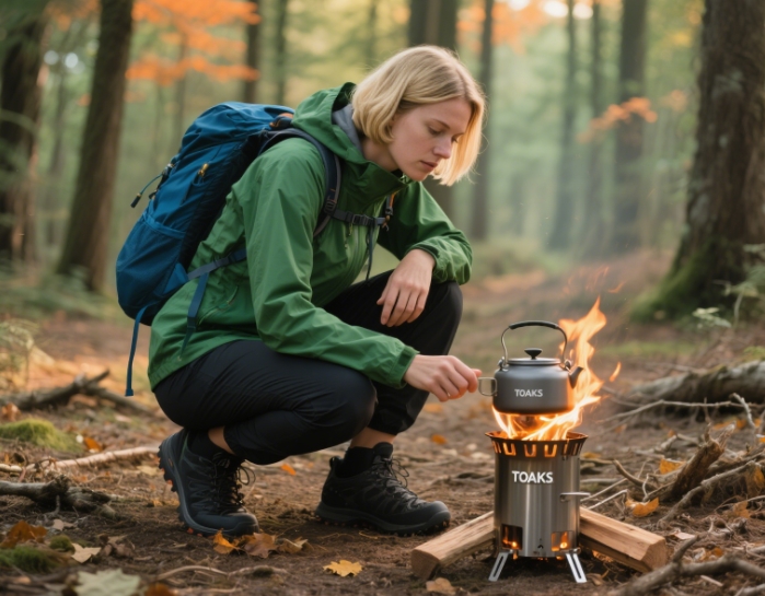 Outdoor enthusiast boiling water on a TOAKS titanium wood stove in the forest